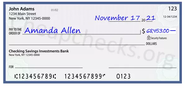 68453.00 dollars written on a check