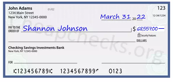 68557.00 dollars written on a check