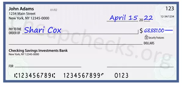 68881.00 dollars written on a check