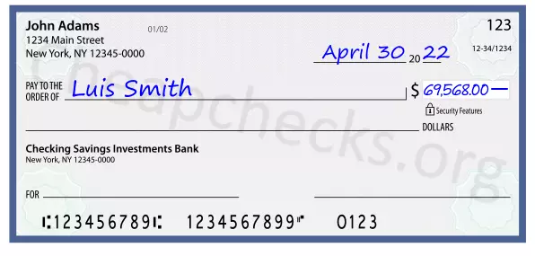 69568.00 dollars written on a check