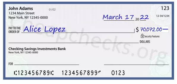 70072.00 dollars written on a check