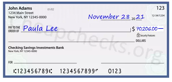 70206.00 dollars written on a check