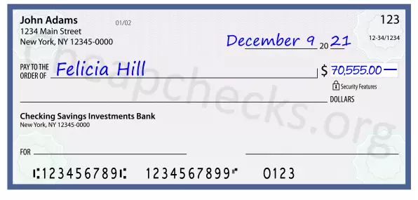 70555.00 dollars written on a check