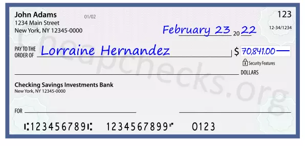 70841.00 dollars written on a check