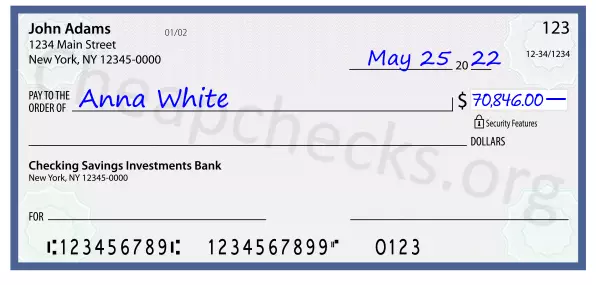 70846.00 dollars written on a check