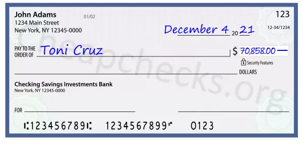 70858.00 dollars written on a check