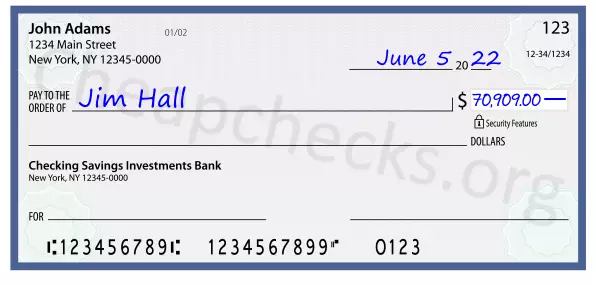 70909.00 dollars written on a check