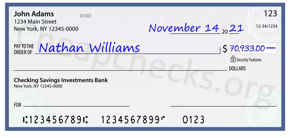 70933.00 dollars written on a check