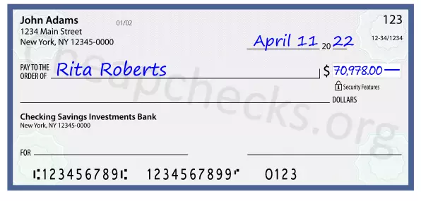 70978.00 dollars written on a check