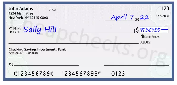 71367.00 dollars written on a check
