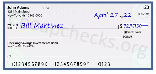 72781.00 dollars written on a check