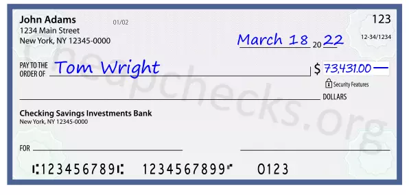 73431.00 dollars written on a check