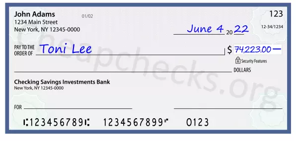 74223.00 dollars written on a check