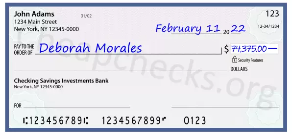 74375.00 dollars written on a check