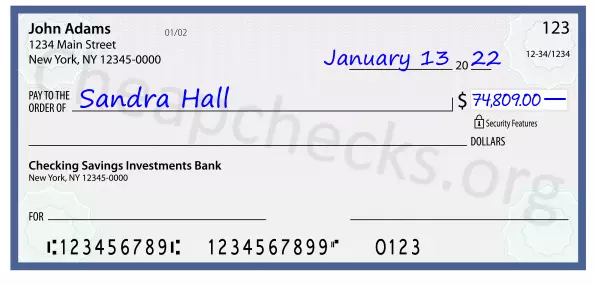 74809.00 dollars written on a check