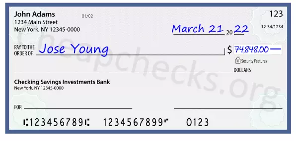 74848.00 dollars written on a check