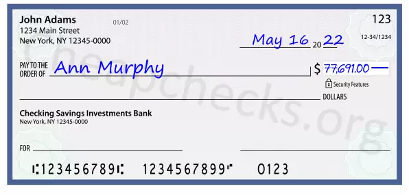 77691.00 dollars written on a check