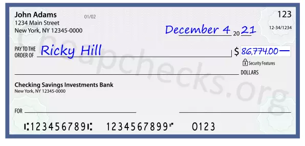 86774.00 dollars written on a check