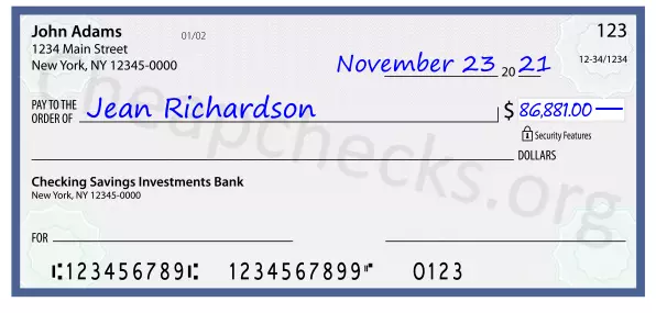 86881.00 dollars written on a check