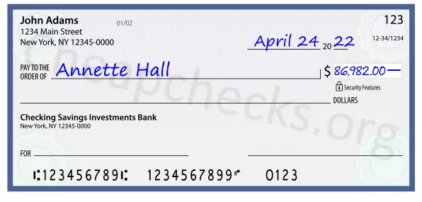 86982.00 dollars written on a check