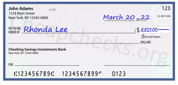 8821.00 dollars written on a check