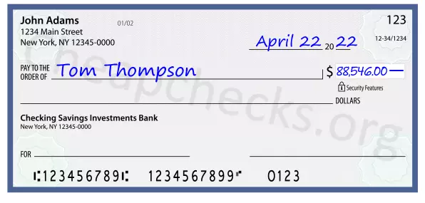 88546.00 dollars written on a check