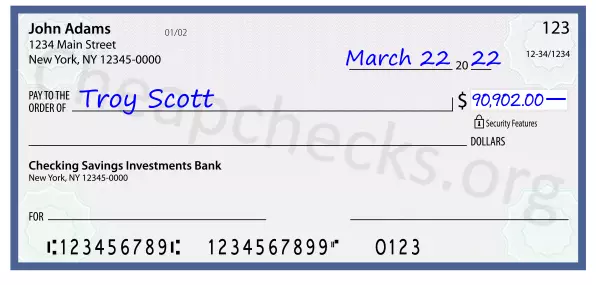 90902.00 dollars written on a check