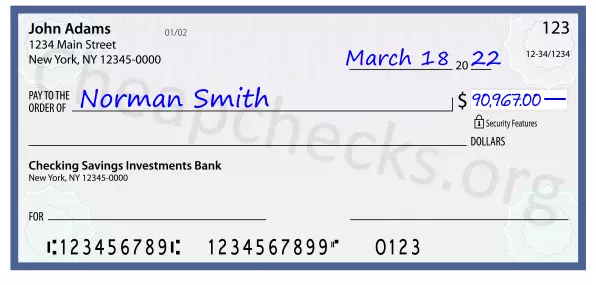 90967.00 dollars written on a check