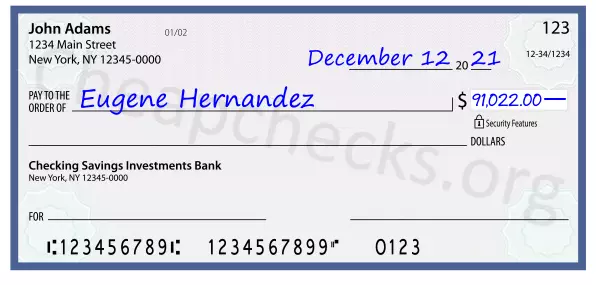 91022.00 dollars written on a check