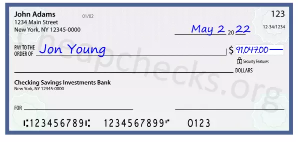 91047.00 dollars written on a check