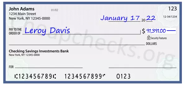 91391.00 dollars written on a check