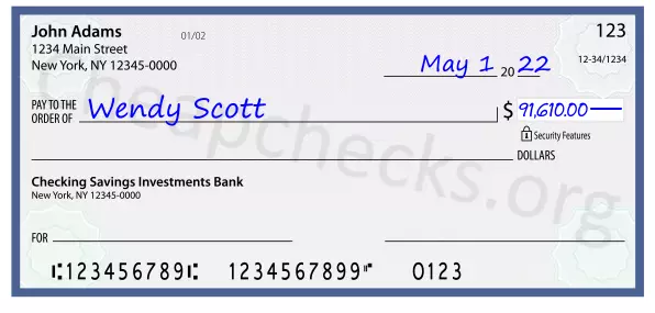 91610.00 dollars written on a check