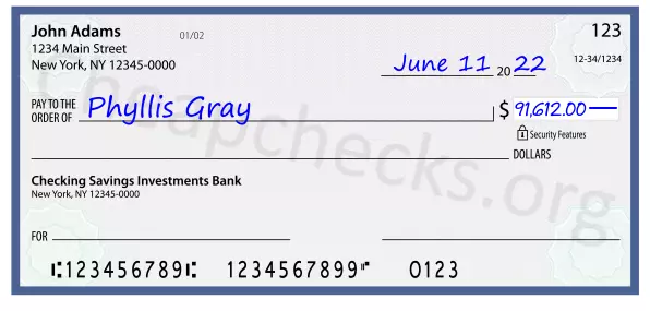 91612.00 dollars written on a check