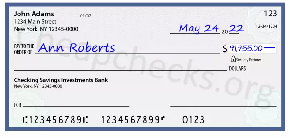 91755.00 dollars written on a check