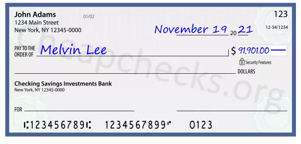 91901.00 dollars written on a check