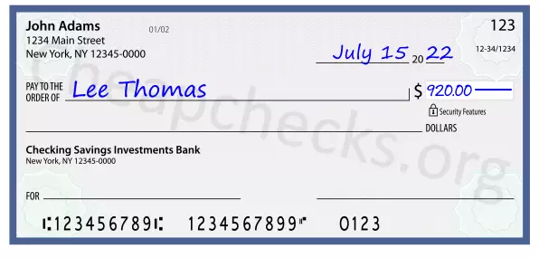 920.00 dollars written on a check