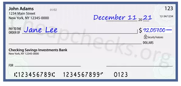 92057.00 dollars written on a check