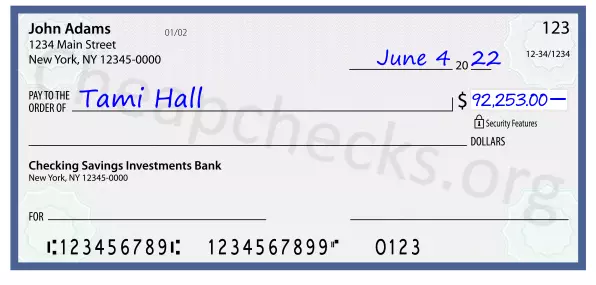 92253.00 dollars written on a check