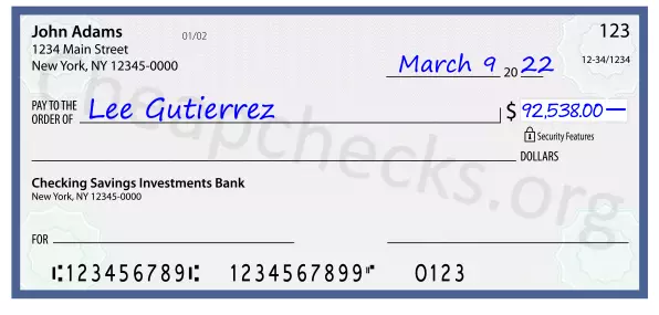 92538.00 dollars written on a check