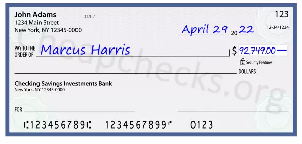 92749.00 dollars written on a check