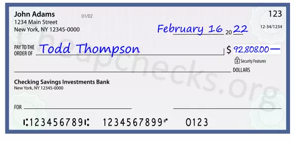 92808.00 dollars written on a check