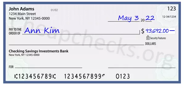 93692.00 dollars written on a check