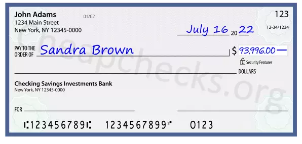 93996.00 dollars written on a check