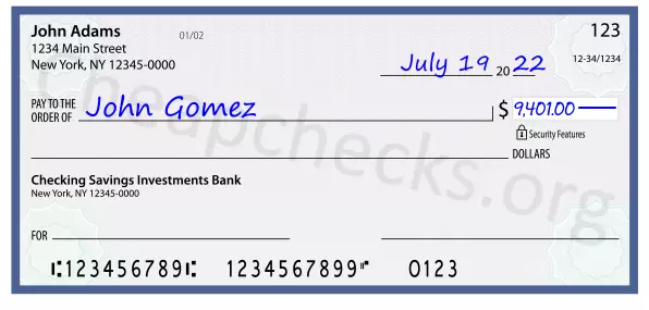 9401.00 dollars written on a check