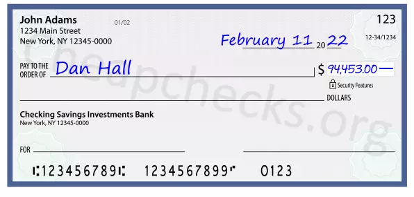 94453.00 dollars written on a check