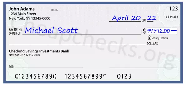 94742.00 dollars written on a check