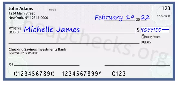 96571.00 dollars written on a check