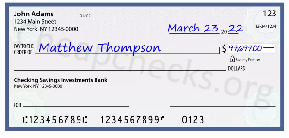 97697.00 dollars written on a check