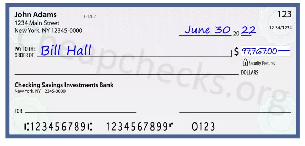 97767.00 dollars written on a check