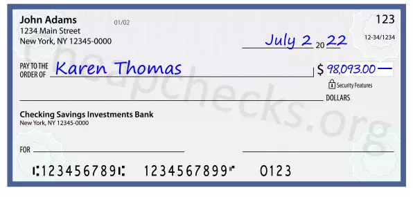 98093.00 dollars written on a check